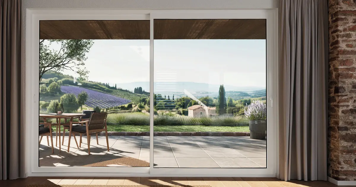 Grande baie coulissante vue de l'intérieur, ouvrant sur un paysage de campagne